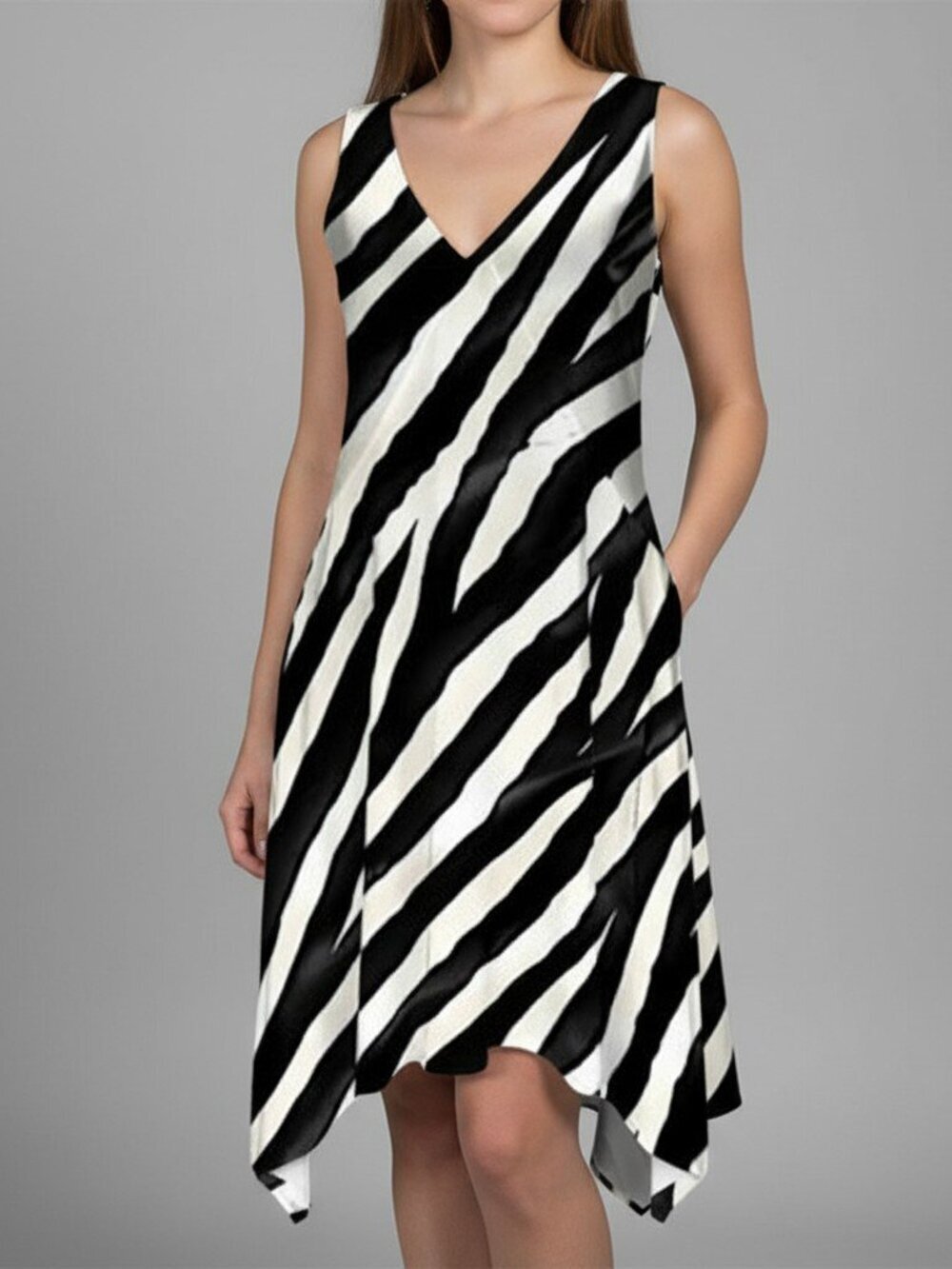 Zebra Luxe | Glossy Black-and-White Animal Print Pattern Thalia Asymmetrical Hem